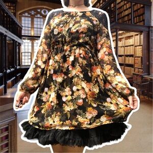 Forever 21 Autumn Floral Whimsygoth Dress with Black Lace Shoulders, Size L